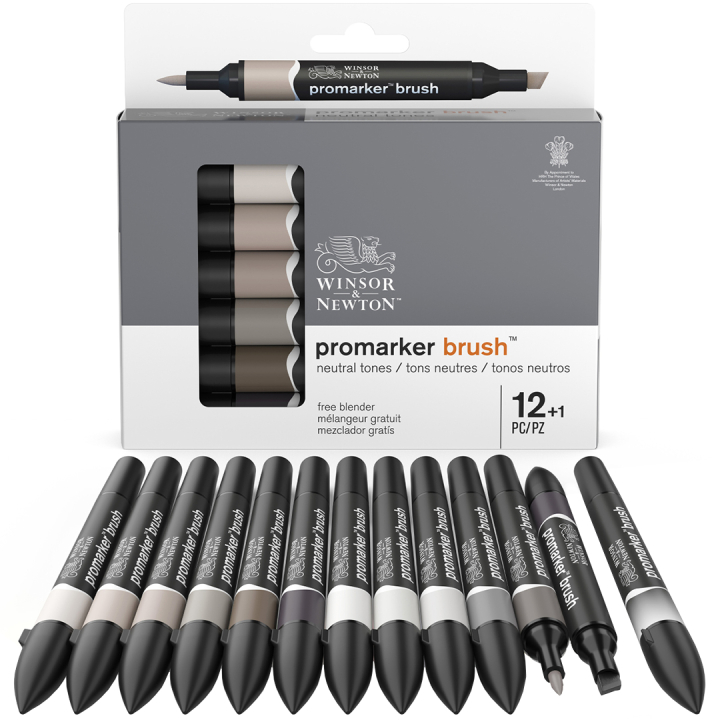 ProMarker Brush Neutral Tones ensemble de 12 + mélangeur dans le groupe Stylos / Crayons d'artistes / Feutres pinceaux chez Pen Store (100556)