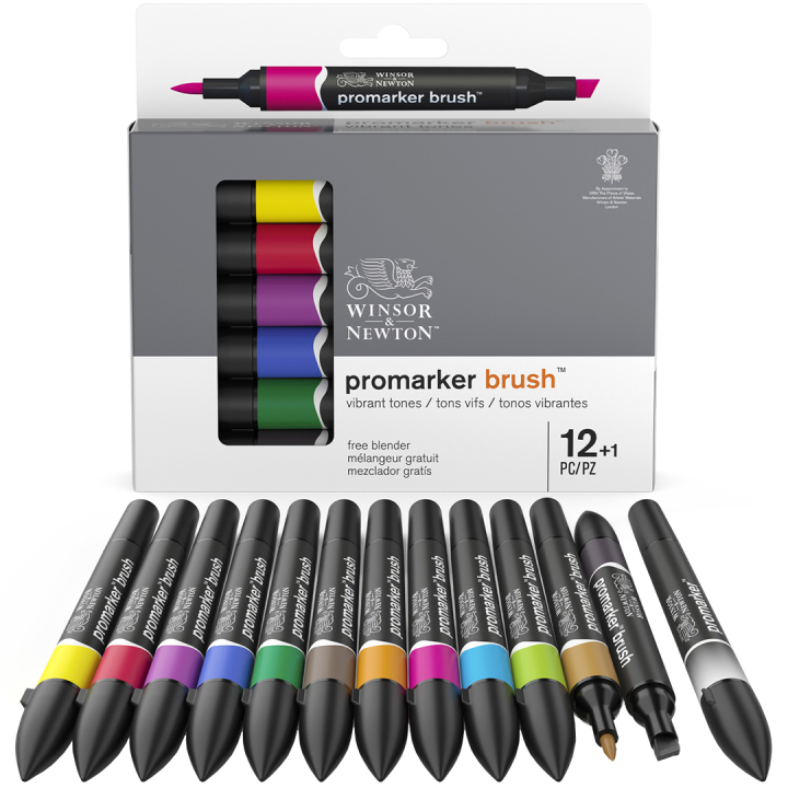 ProMarker Brush Vibrant Tones ensemble de 12 + mélangeur dans le groupe Stylos / Crayons d'artistes / Feutres pinceaux chez Pen Store (100557)