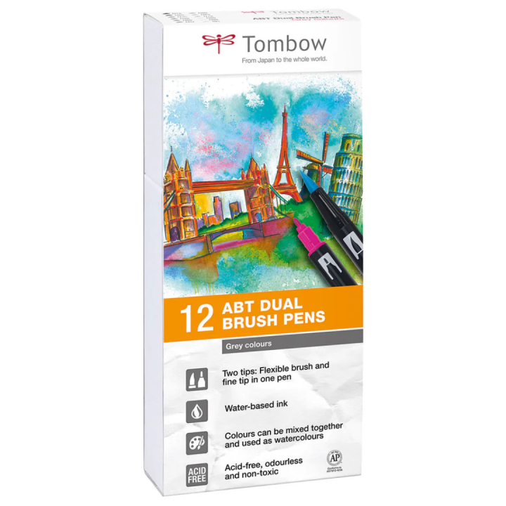 ABT Dual Brush Pen ensemble de 12 Grey dans le groupe Stylos / Crayons d'artistes / Feutres pinceaux chez Pen Store (101093)
