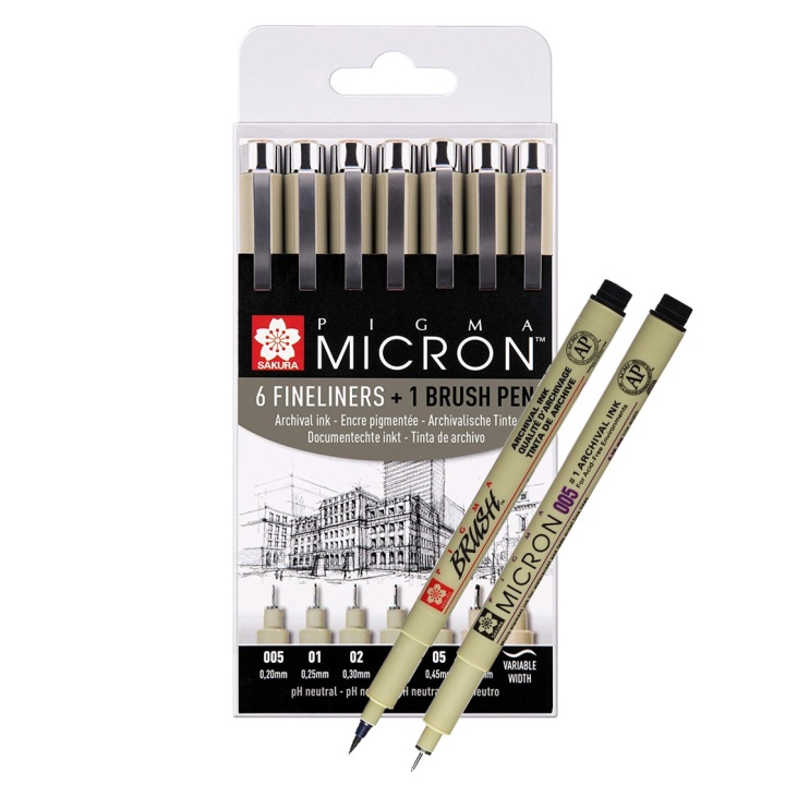 Pigma Micron Fineliner ensemble de 6 + 1 Brush Pen dans le groupe Stylos / Écrire / Feutres Fineliners chez Pen Store (103501)