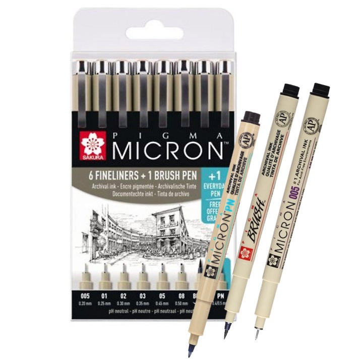 Pigma Micron Fineliner ensemble de 6 + 1 Brush Pen + 1 PN dans le groupe Stylos / Écrire / Feutres Fineliners chez Pen Store (103855)