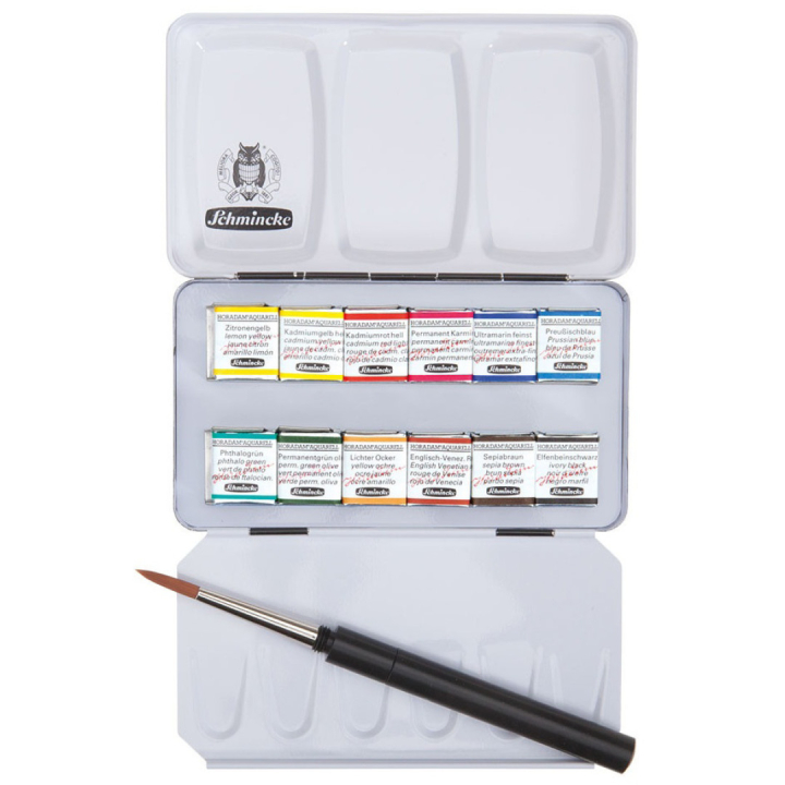 Horadam Aquarell Metal lot de 12 + pinceau dans le groupe Matériels d'artistes / Couleurs de l'artiste / Peinture aquarelle / Aquarelle en godet chez Pen Store (110726)