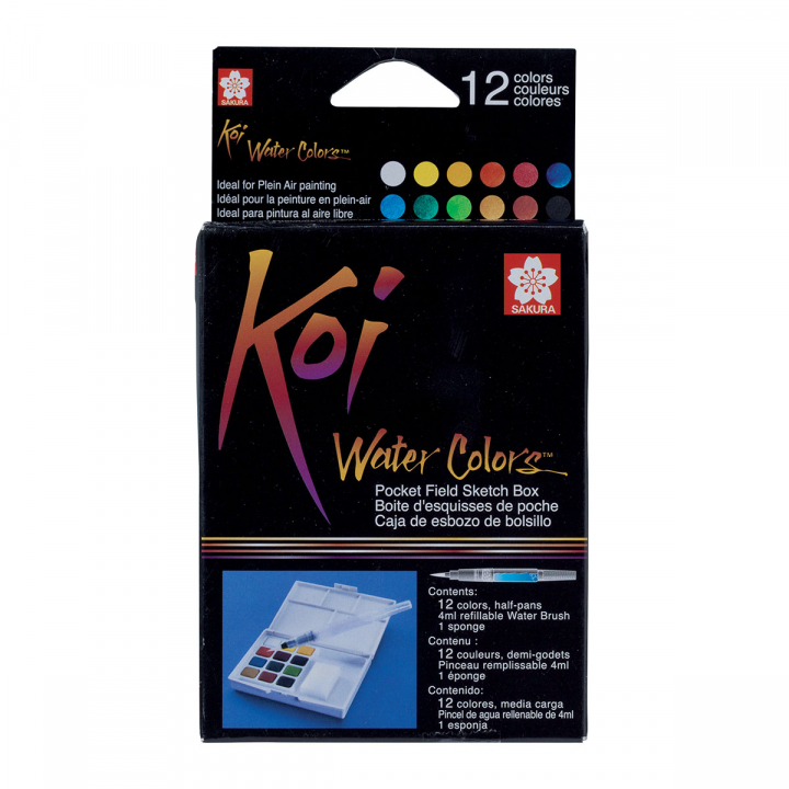 Koi Water Colors Pocket Field Sketch Box 12 + Brush dans le groupe Matériels d'artistes / Couleurs de l'artiste / Peinture aquarelle chez Pen Store (125610)