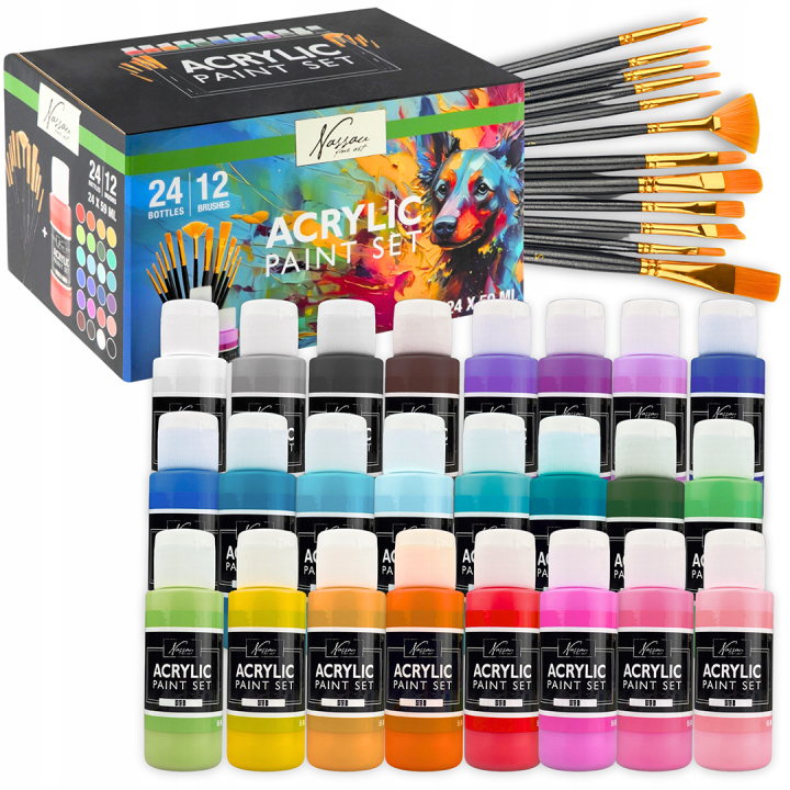 Set acrylique 24 couleurs (59 ml) + 12 pinceaux dans le groupe Matériels d'artistes / Couleurs de l'artiste / Peinture acrylique chez Pen Store (134423)