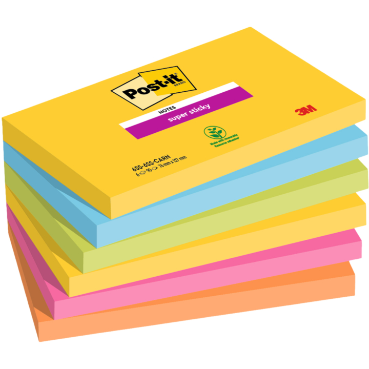 Post-it Super Sticky 76x127 Mélange de couleurs Carnival pack de 6 dans le groupe Papiers & Blocs / Écrire et consigner / Post-it et blocs-notes chez Pen Store (135731)