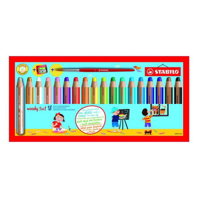 Woody 3-in-1 crayons de couleur lot de 18 + taille-crayon et pinceau (à partir de 3 ans)