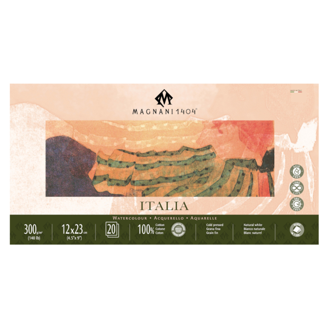 Bloc Aquarelle Italia 100% Coton 300g Fine Grain 12x23cm 20 Sheets