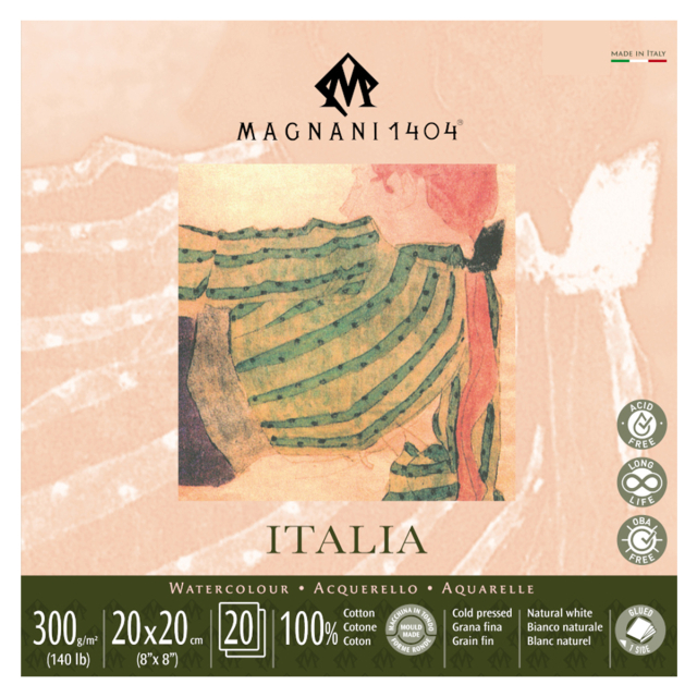 Bloc Aquarelle Italia 100% Coton 300g Fine Grain 20x20cm 20 Sheets