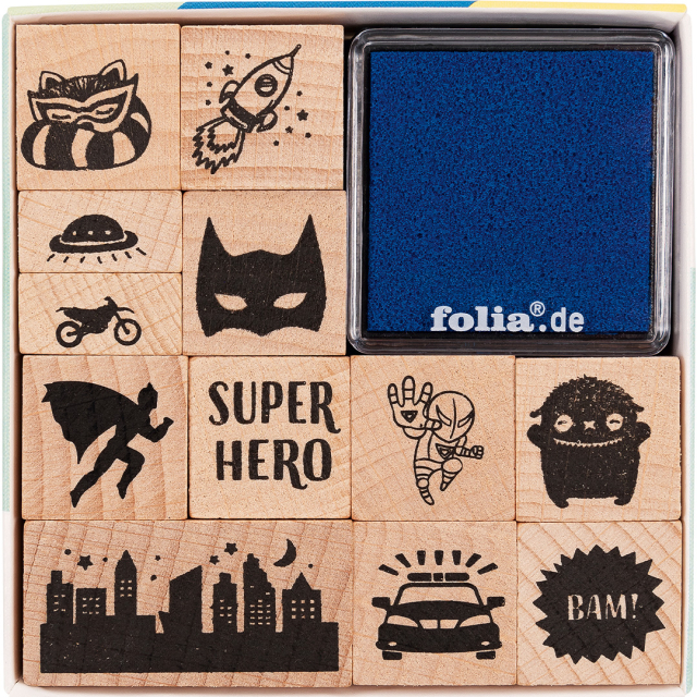 Set de tampons + tampon encreur Super-héros lot de 12