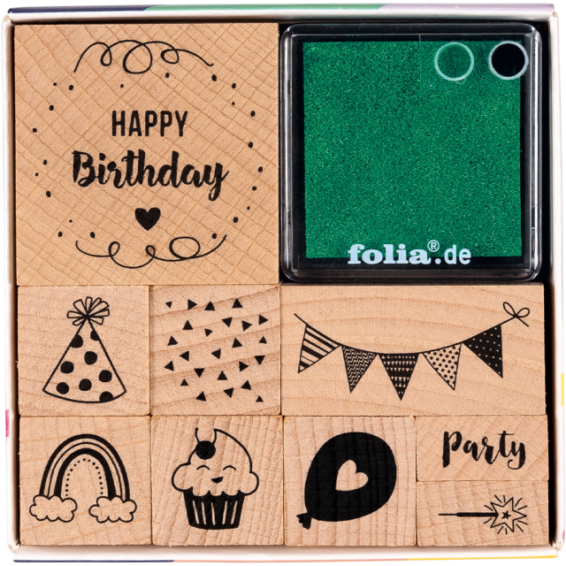 Set de tampons + tampon encreur Joyeux anniversaire lot de 9