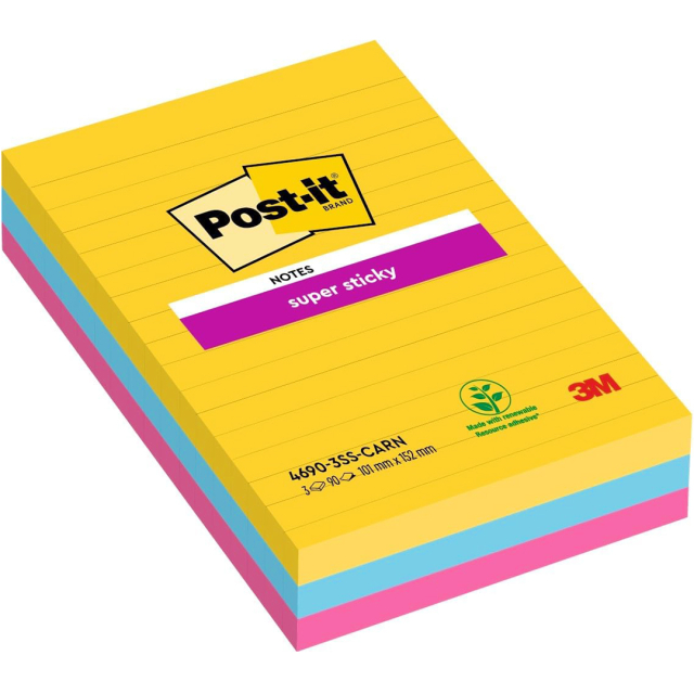 Post-it Super Sticky 101 x 152 mm Mélange de couleurs Carnival Ligné pack de 3