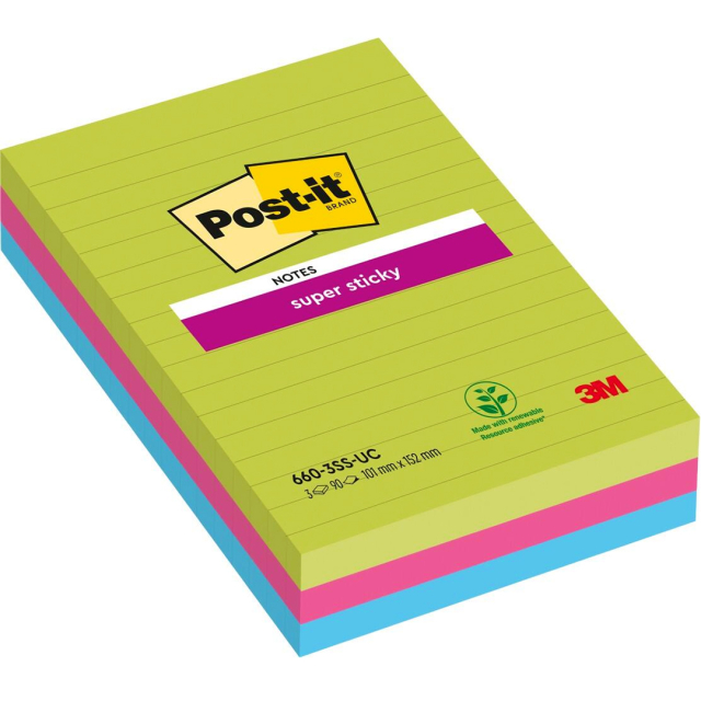 Post-it Super Sticky 101 x 152 mm Mélange de couleurs Ligné pack de 3