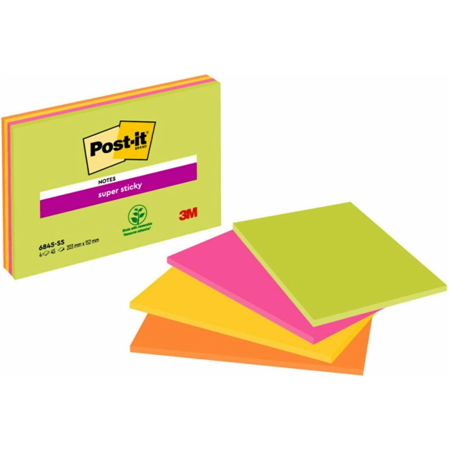 Post‑it Super Sticky 203x152 Meeting mélange de couleurs fluo pack de 4