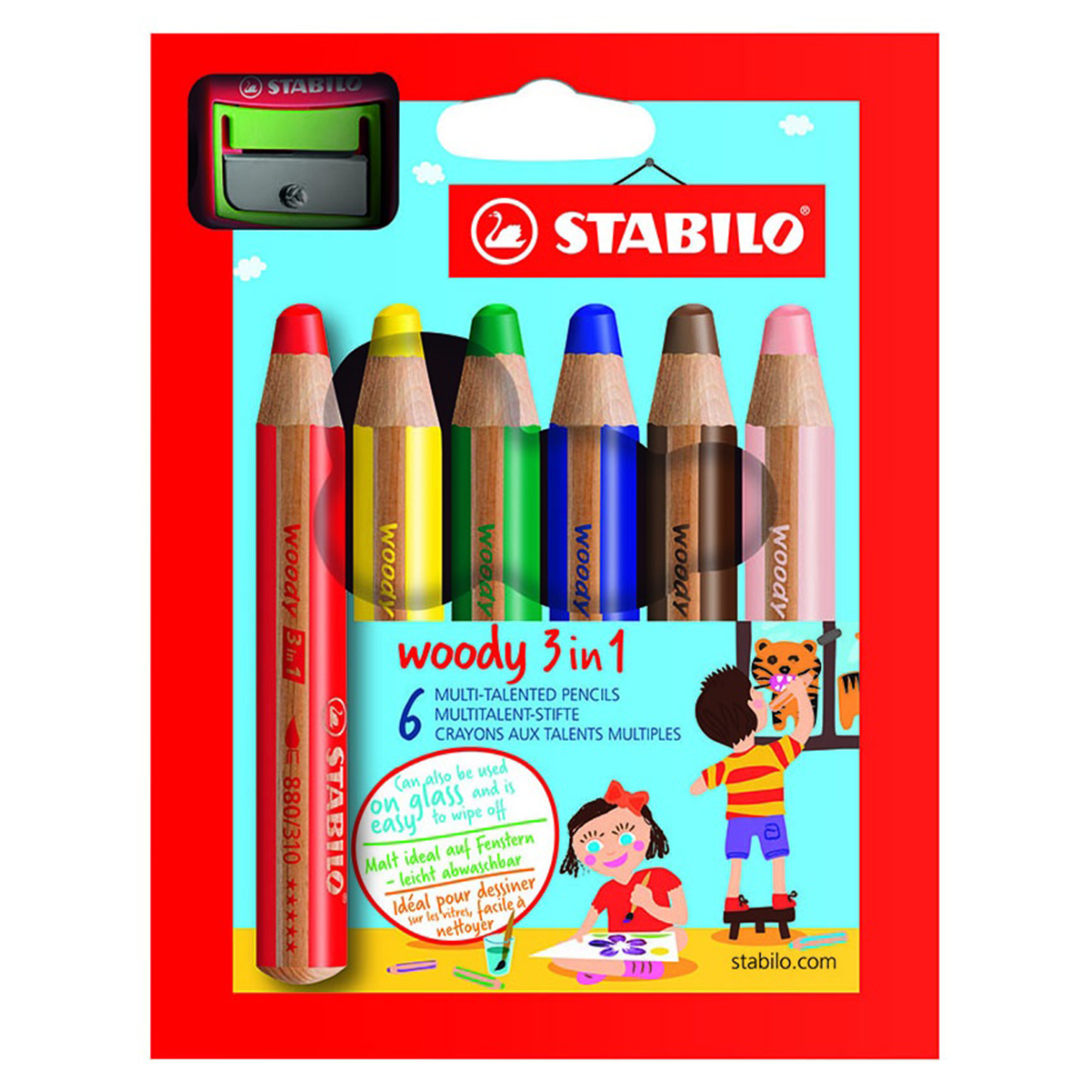 Stabilo Woody 3-in-1 Crayons de Couleur Lot de 6 + taille-crayon