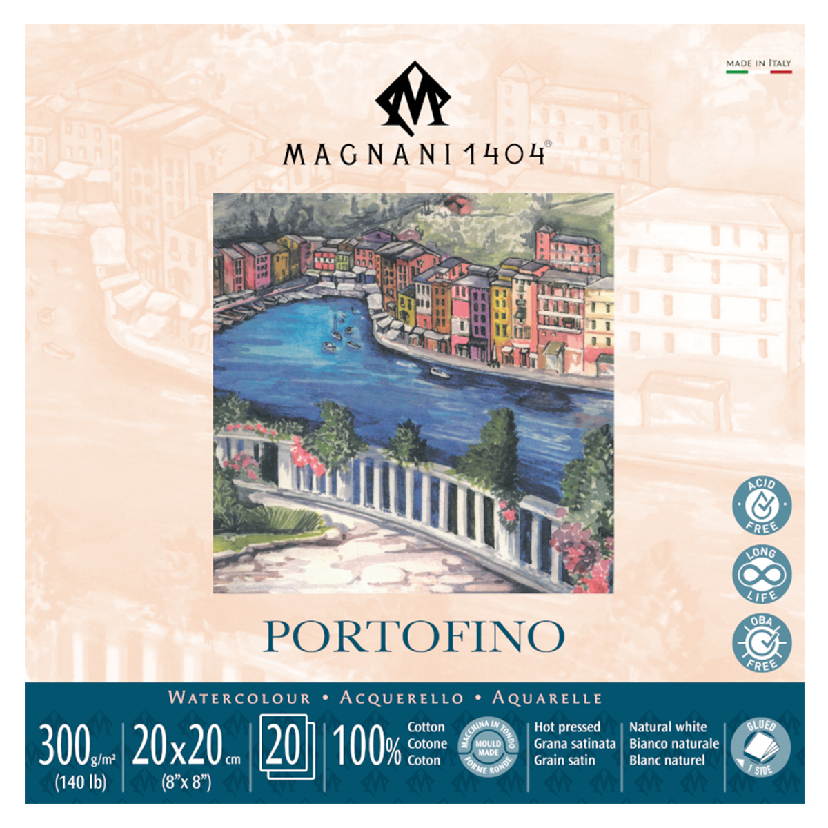 Magnani Bloc Aquarelle Portofino 100% Coton 300g Satin 20x20cm 20